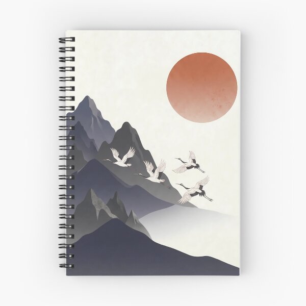 Item preview, Minimalist Wa-Modern Landscape: Red Sun, Cranes & Mountains designed and sold by Hikariha Studio.