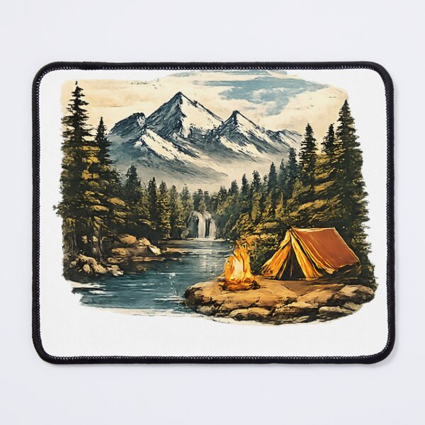 Item preview, Camping in the Mountains – Adventure Wilderness Landscape Nature Art-Mountain Camping Adventure – Wilderness Landscape with Tent, River & Waterfall designed and sold by vansaidshop ⭐⭐⭐⭐⭐.