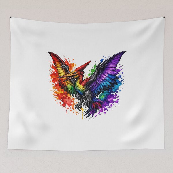 Item preview, Rainbow Pterodactyl Tattoo Art, Fantasy Pride Dinosaur Illustration, Gothic Rainbow Winged Creature designed and sold by MolinezjArt.
