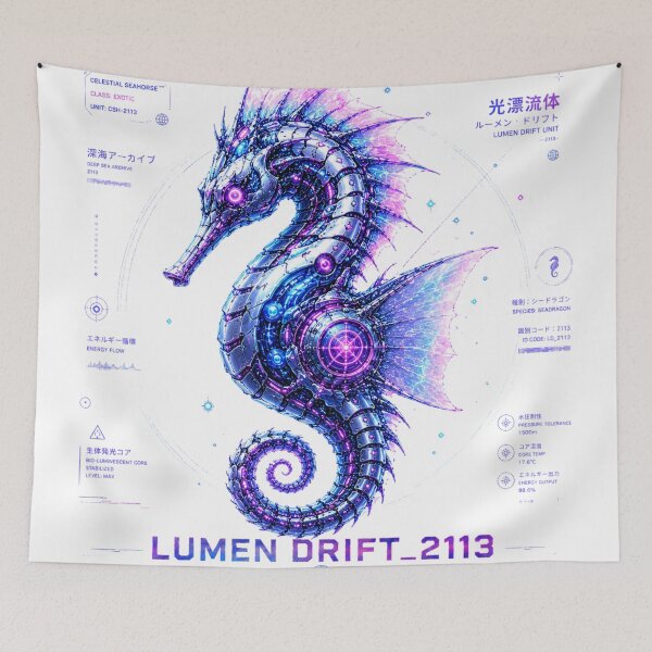 Item preview, Lumen Drift 2113 Cyber Seahorse – Neon Biomechanical Deep Sea Archive Design designed and sold by FusiTink.
