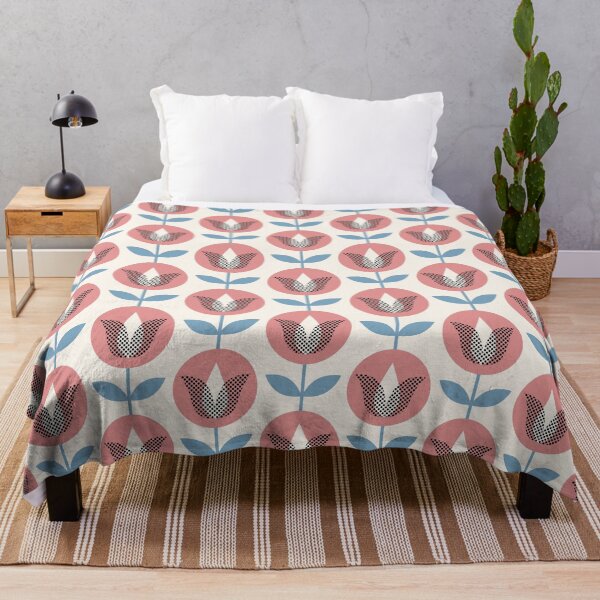 Item preview, Mid Century Modern Tulips and Dots Texture Coral Red and Blue on Cream designed and sold by Pinkdeer Designs.