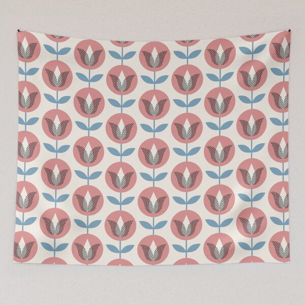 Item preview, Mid Century Modern Tulips and Dots Texture Coral Red and Blue on Cream designed and sold by Pinkdeer Designs.