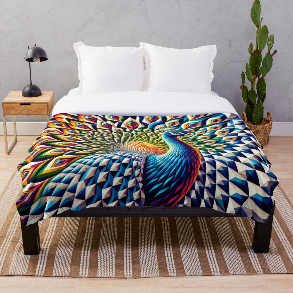 Geometric Peacock Prism Feather Abstract Art on a throw blanket