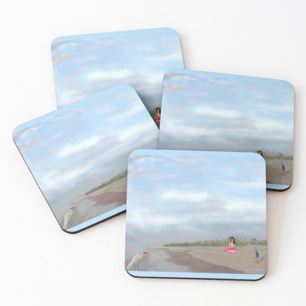 Item preview, Woman in Pink Dress Sitting on Beach with Herons designed and sold by LorieFossaArt.