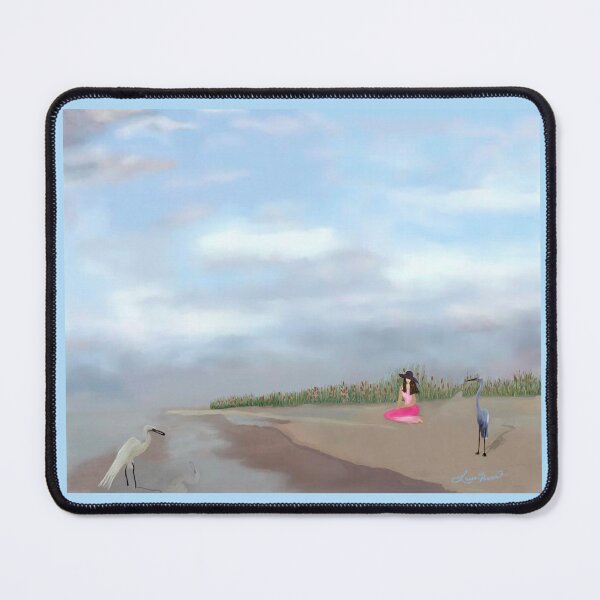 Item preview, Woman in Pink Dress Sitting on Beach with Herons designed and sold by LorieFossaArt.