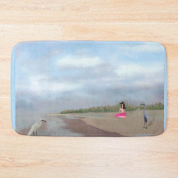 Item preview, Woman in Pink Dress Sitting on Beach with Herons designed and sold by LorieFossaArt.
