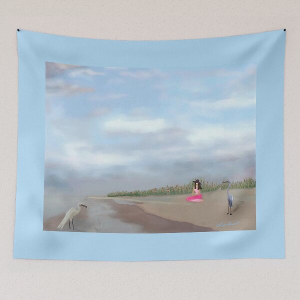 Item preview, Woman in Pink Dress Sitting on Beach with Herons designed and sold by LorieFossaArt.