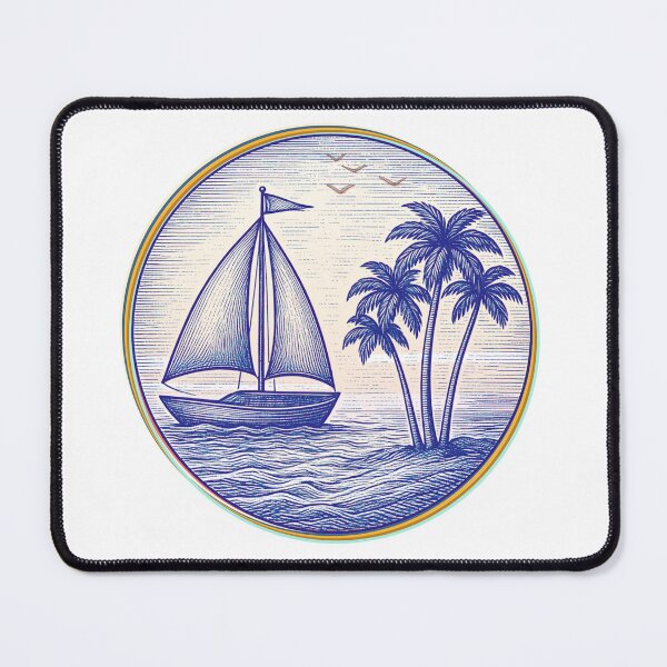 Item preview, Vintage Nautical Sailboat and Palm Trees Coastal Emblem Blue Edition designed and sold by SunandShade.