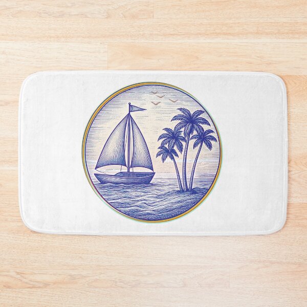 Item preview, Vintage Nautical Sailboat and Palm Trees Coastal Emblem Blue Edition designed and sold by SunandShade.