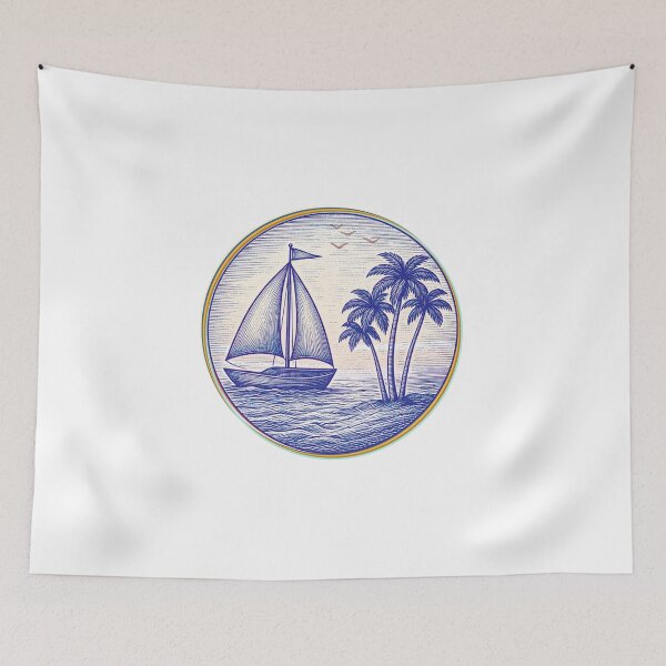 Item preview, Vintage Nautical Sailboat and Palm Trees Coastal Emblem Blue Edition designed and sold by SunandShade.