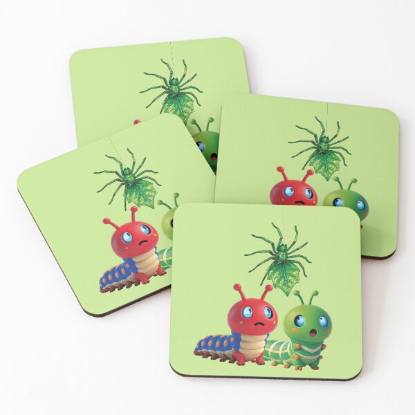 Item preview, Two caterpillars with anxious eyes watching a green spider the size of a vine leaf designed and sold by Alan-David.