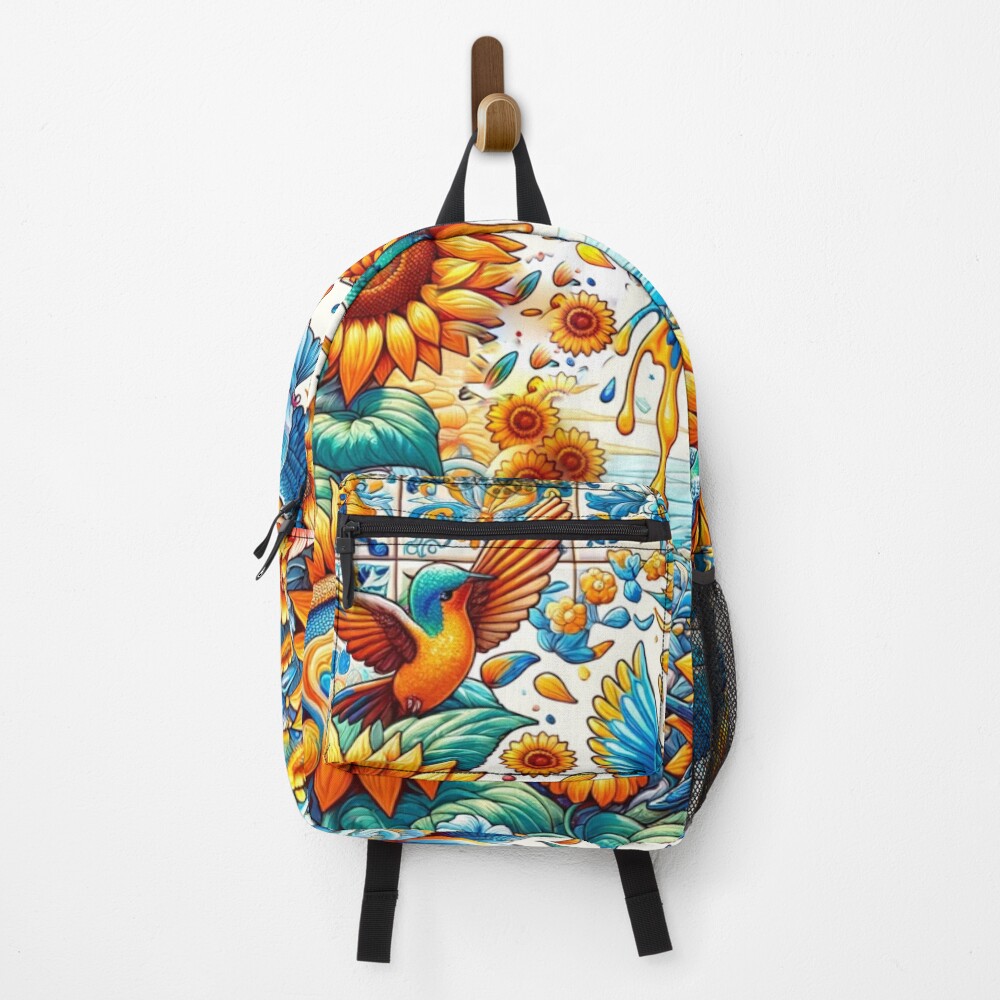 Vibrant Sunflower Birds Folk Art Floral Design on a backpack