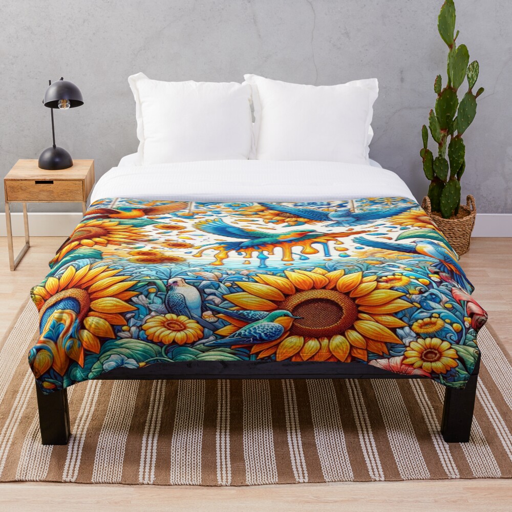 Vibrant Sunflower Birds Folk Art Floral Design on a throw blanket