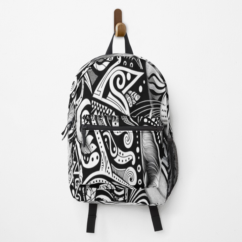 Tribal Cat Portrait Black and White Line Art on a backpack