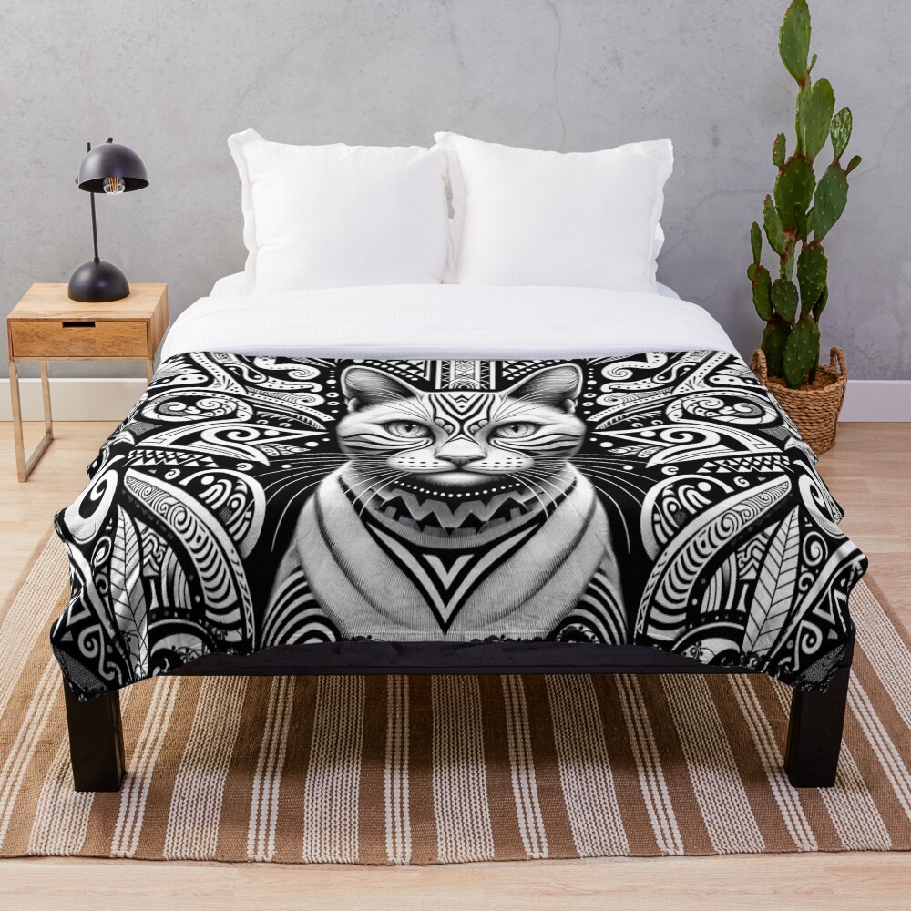 Tribal Cat Portrait Black and White Line Art on a throw blanket