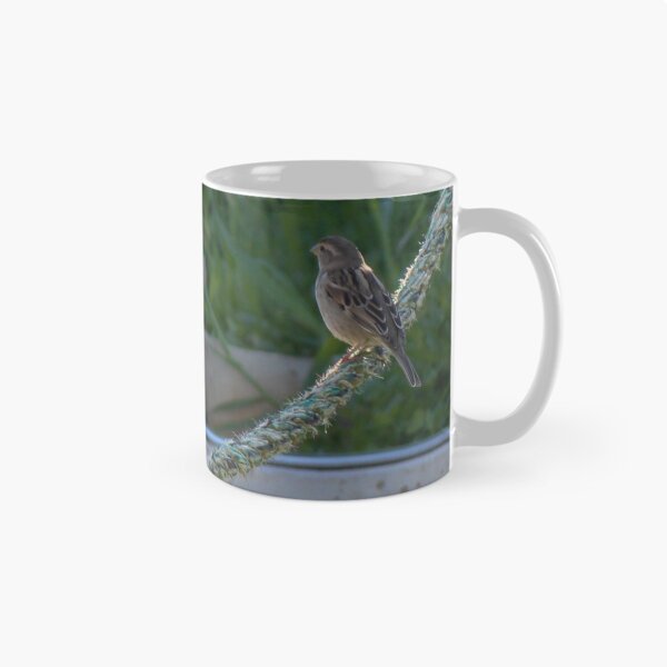 Item preview, Small Sparrow Perched on Frayed Rope Over Concrete Steps With Greenery in Soft Morning Light designed and sold by Nmallia.