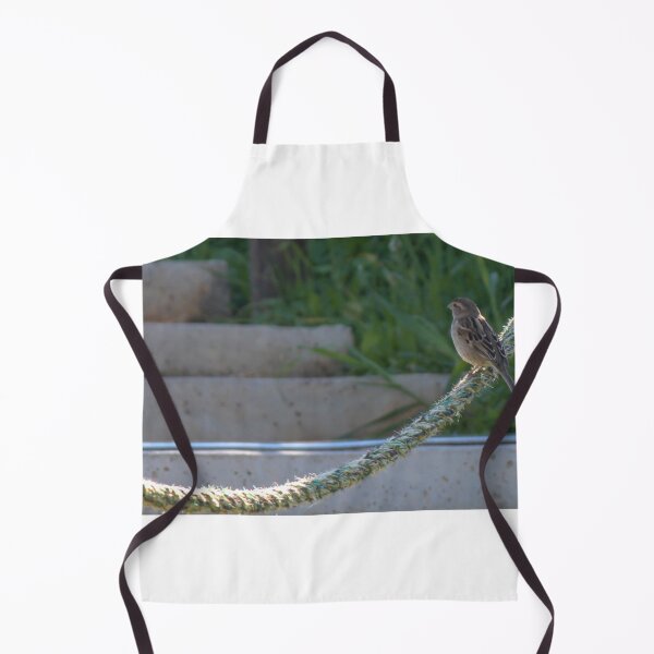 Item preview, Small Sparrow Perched on Frayed Rope Over Concrete Steps With Greenery in Soft Morning Light designed and sold by Nmallia.