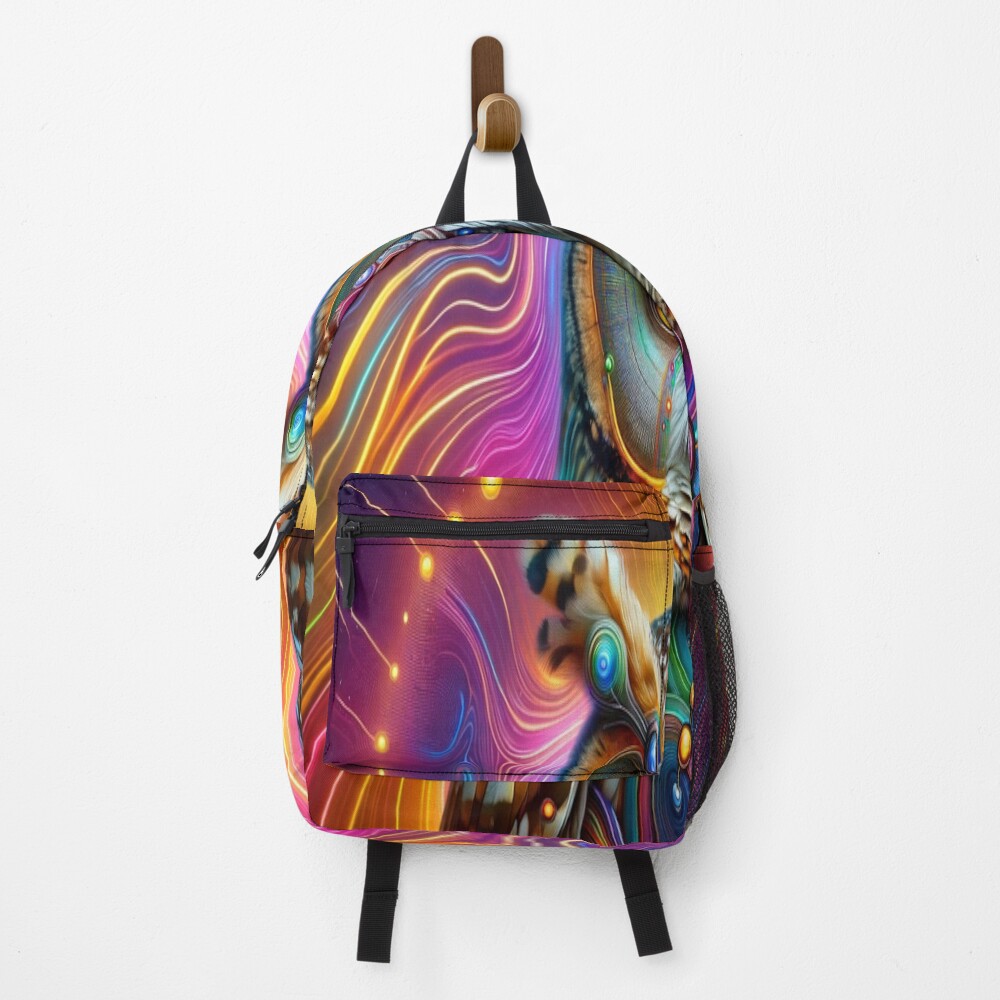 Psychedelic Cyber Owl Neon Vision Art on a backpack