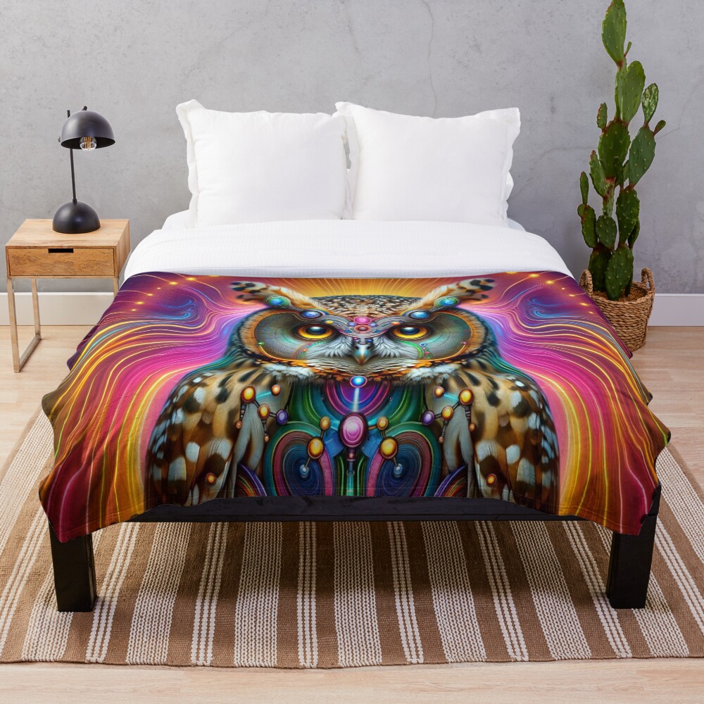 Psychedelic Cyber Owl Neon Vision Art on a throw blanket