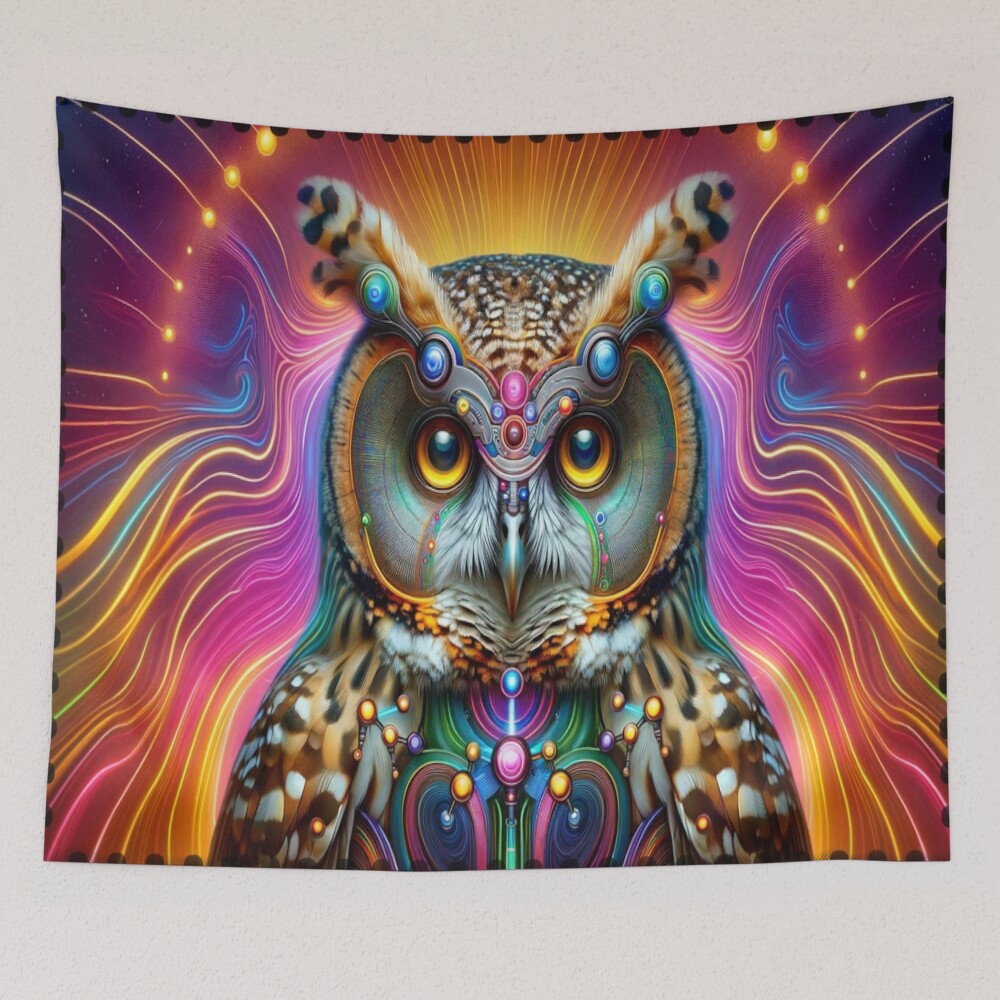 Psychedelic Cyber Owl Neon Vision Art on a tapestry