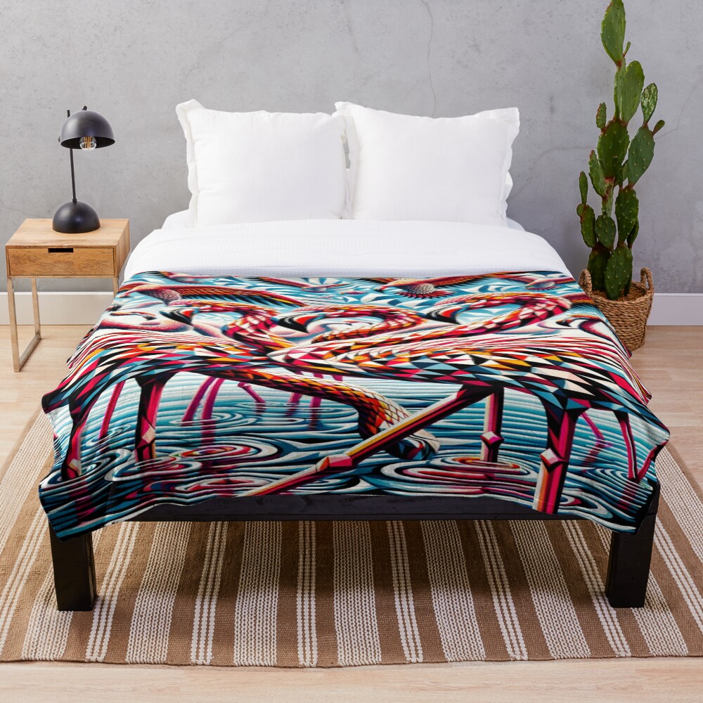 Geometric Flamingo Flock Color Burst Art on a throw blanket