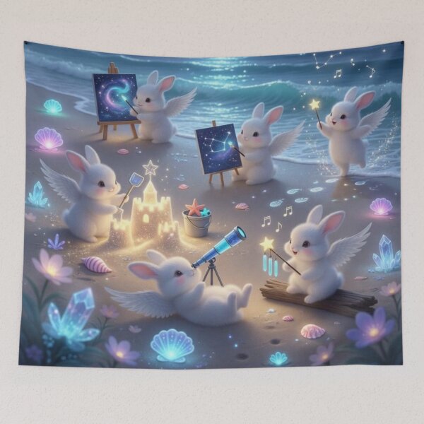 Item preview, Magical Cosmic Angel Bunnies on Neon Starry Night Beach ( designed and sold by lovelistivkaa.