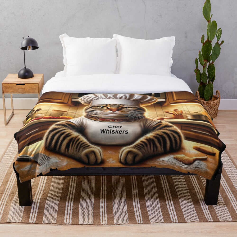 Chef Whiskers Funny Cat Kitchen Art on a throw blanket