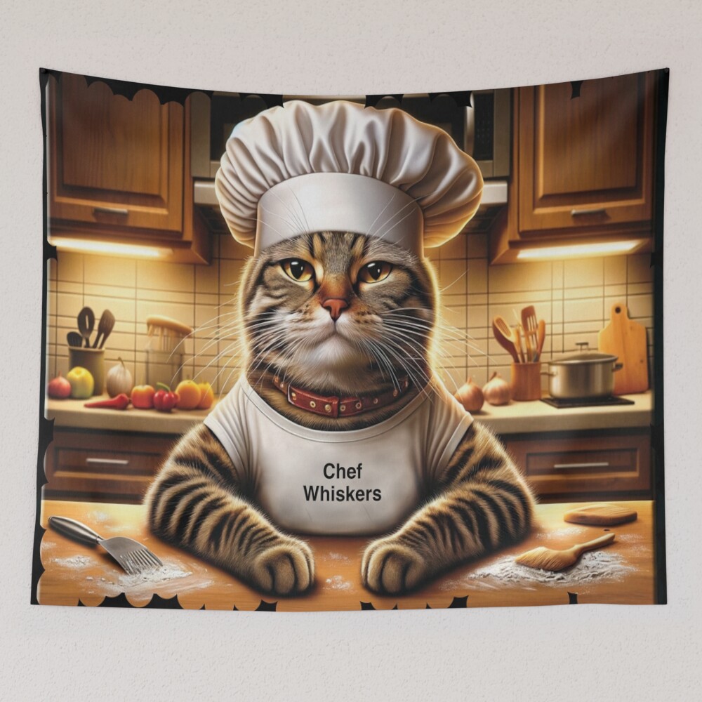 Chef Whiskers Funny Cat Kitchen Art on a tapestry