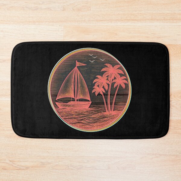 Item preview, Vintage Nautical Sailboat and Palm Trees Coastal Emblem Coral Edition designed and sold by SunandShade.