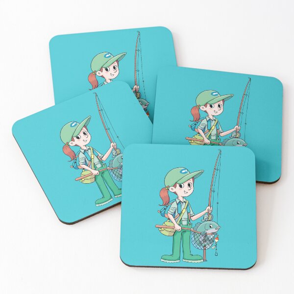 Item preview, girl with fishing equipment and a fish caught in a net designed and sold by duxpavlic.