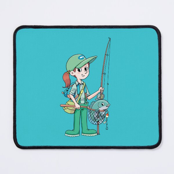 Item preview, girl with fishing equipment and a fish caught in a net designed and sold by duxpavlic.
