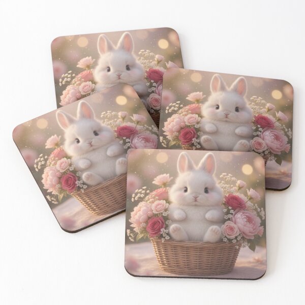 Item preview, Cute Fluffy Bunny in Wicker Basket of Pink Roses – Shabby Chic Rabbit ( designed and sold by lovelistivkaa.
