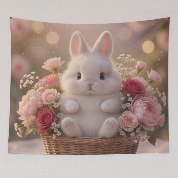 Item preview, Cute Fluffy Bunny in Wicker Basket of Pink Roses – Shabby Chic Rabbit ( designed and sold by lovelistivkaa.