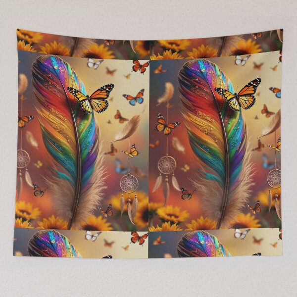 Item preview, Rainbow Feather Monarch Butterfly Dreamcatcher Art | Colorful Boho Sunflower Design designed and sold by GalleryPeak.