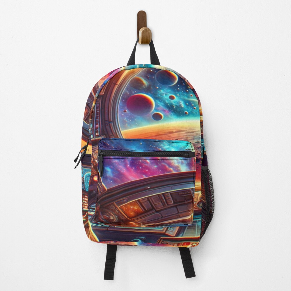 Spaceship Cockpit Cosmic Planet View Sci-Fi Art on a backpack