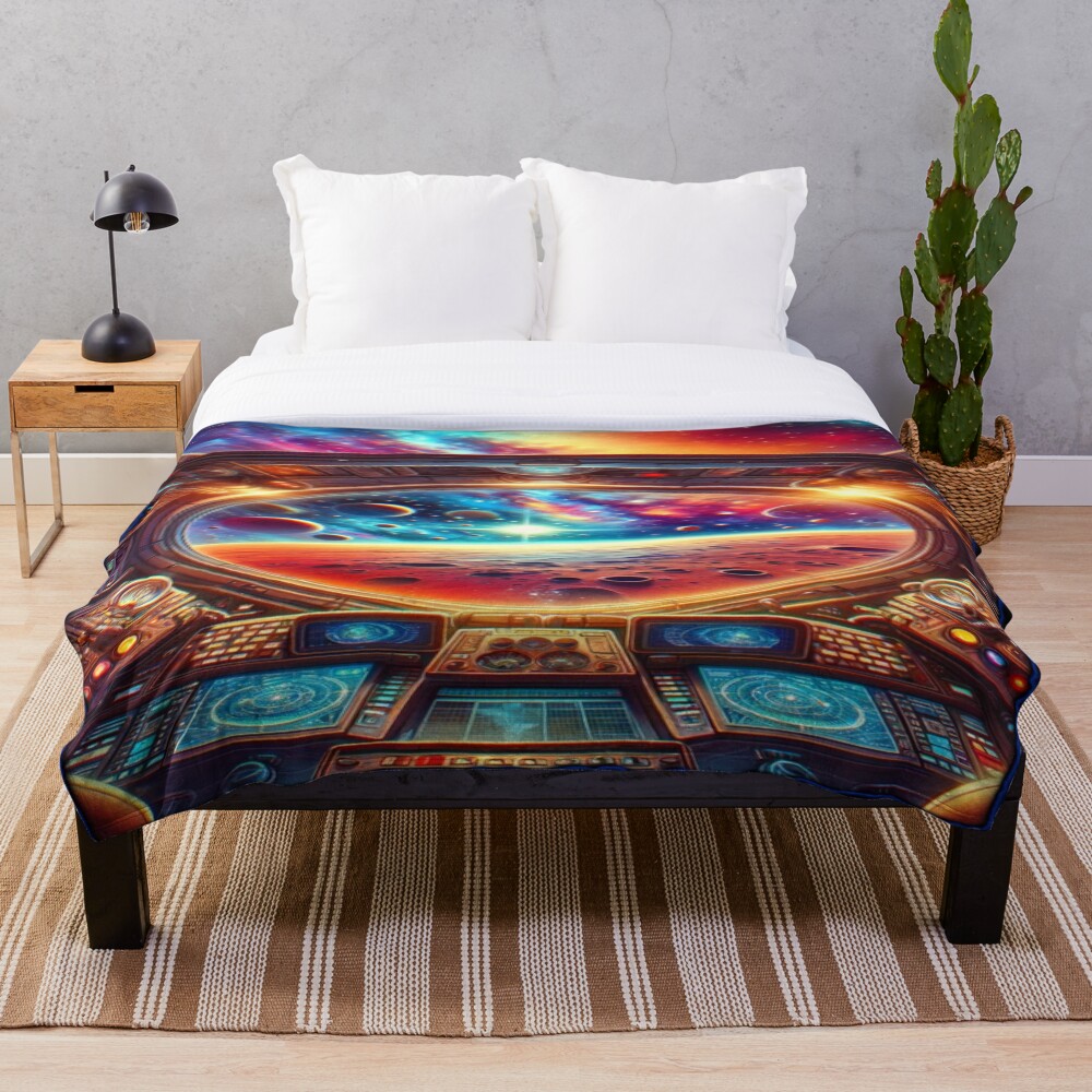 Spaceship Cockpit Cosmic Planet View Sci-Fi Art on a throw blanket