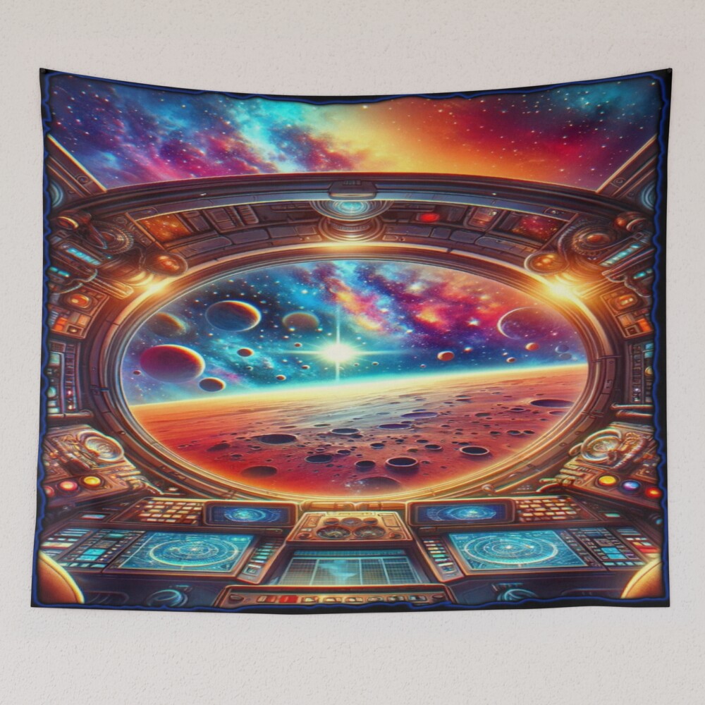 Spaceship Cockpit Cosmic Planet View Sci-Fi Art on a tapestry