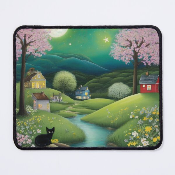 Item preview, Cozy Cottage Stream – Cute Black Cat Watercolor Landscape designed and sold by UmSkelig834.
