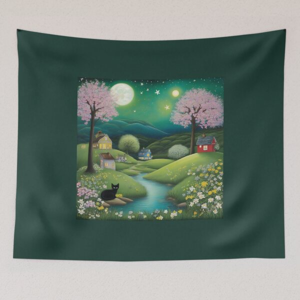 Item preview, Cozy Cottage Stream – Cute Black Cat Watercolor Landscape designed and sold by UmSkelig834.