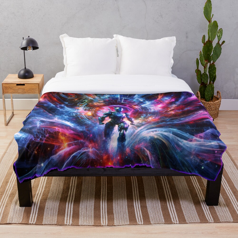 Cyberpunk Alien Robot Cosmic Portal Sci-Fi Art on a throw blanket