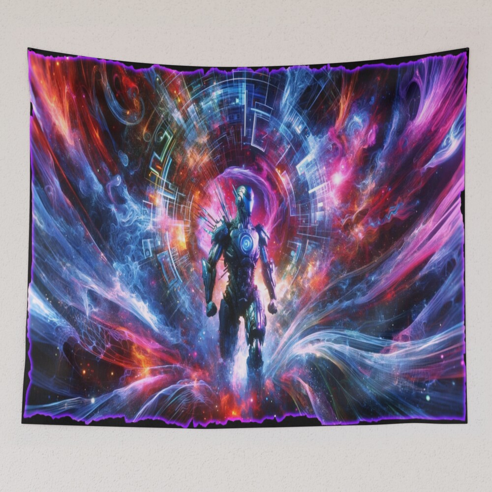 Cyberpunk Alien Robot Cosmic Portal Sci-Fi Art on a tapestry
