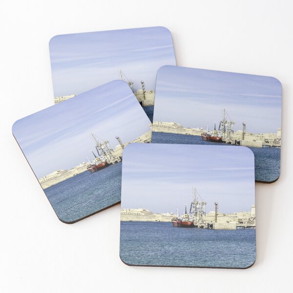 Item preview, Mediterranean Harbor With Historic Fortresses, Calm Blue Sea and Docked Boat Under Clear Sky designed and sold by Nmallia.