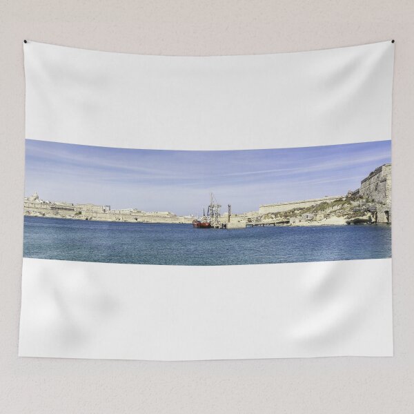 Item preview, Mediterranean Harbor With Historic Fortresses, Calm Blue Sea and Docked Boat Under Clear Sky designed and sold by Nmallia.