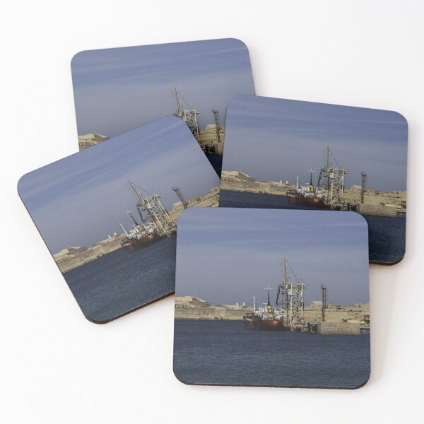 Item preview, Red Cargo Ship Docked Beside Historic Coastal Fort At Calm Harbor Under Blue Sky designed and sold by Nmallia.