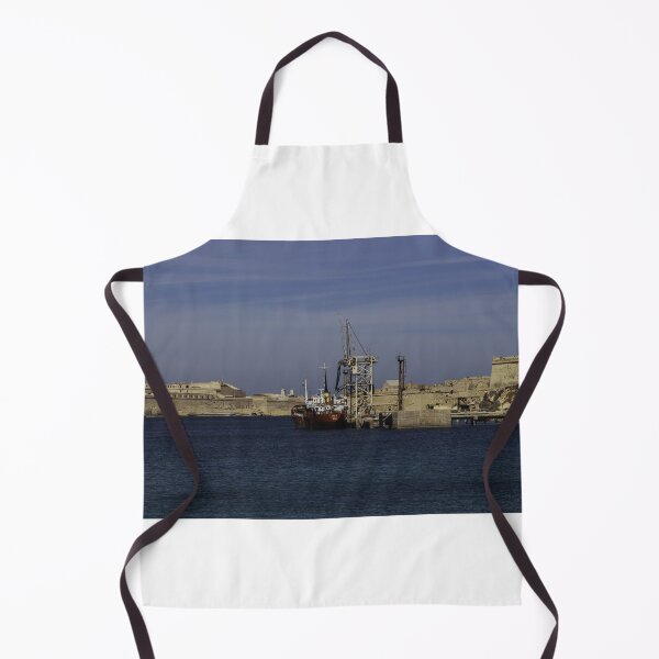 Item preview, Red Cargo Ship Docked Beside Historic Coastal Fort At Calm Harbor Under Blue Sky designed and sold by Nmallia.