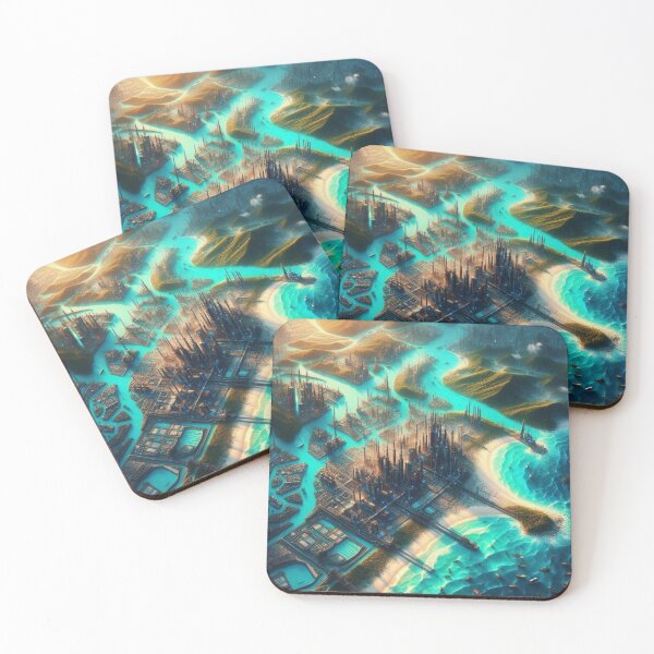 Item preview, Futuristic City Grid Turquoise Waterways AI Art Wall Decor designed and sold by IRON SIREN.