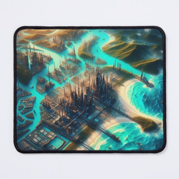Item preview, Futuristic City Grid Turquoise Waterways AI Art Wall Decor designed and sold by IRON SIREN.