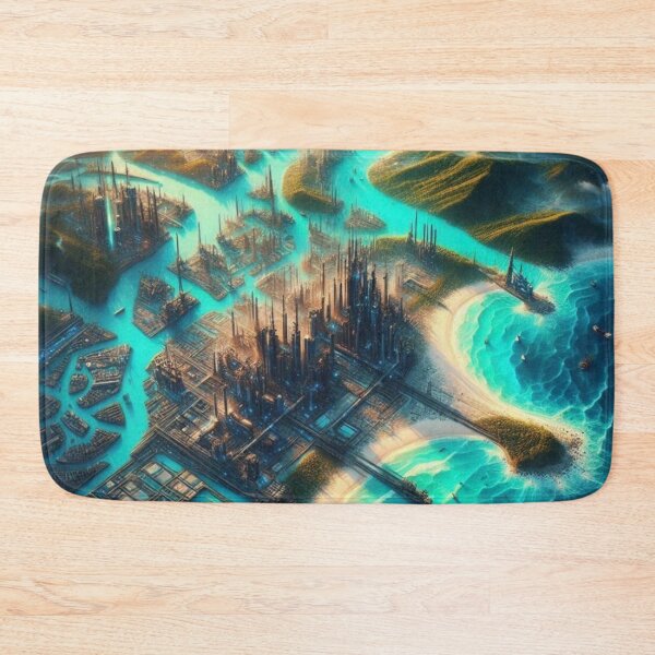 Item preview, Futuristic City Grid Turquoise Waterways AI Art Wall Decor designed and sold by IRON SIREN.