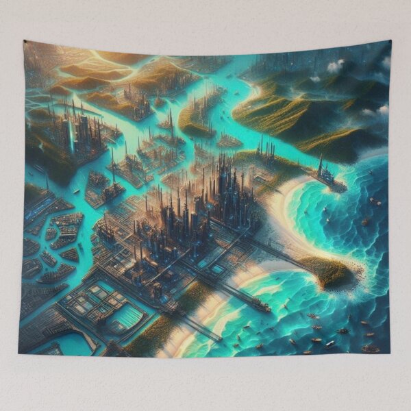 Item preview, Futuristic City Grid Turquoise Waterways AI Art Wall Decor designed and sold by IRON SIREN.