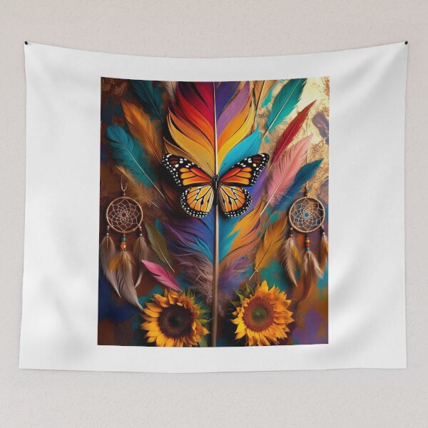 Item preview, Rainbow Feather Monarch Butterfly Art | Boho Dreamcatcher Sunflower Design designed and sold by GalleryPeak.